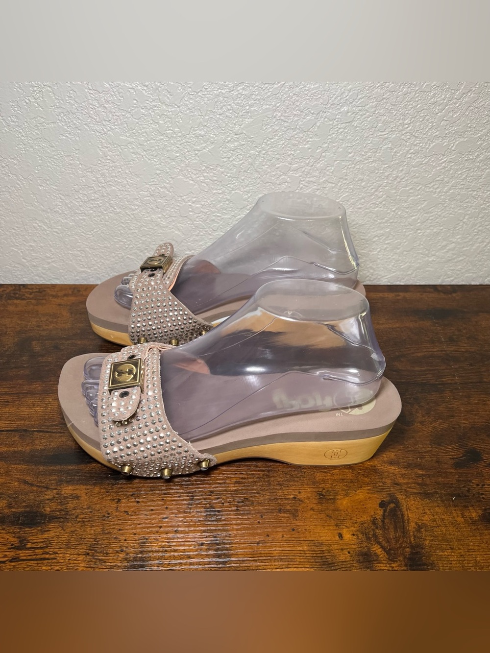 FLOGG Nikita Platform Slide Sandal Studded Biege Leather & Wooden Base Detail